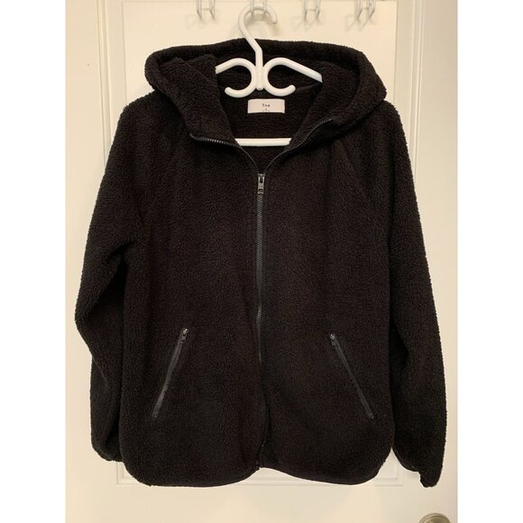 Aritzia TNA The Teddy Black Vegan Sherpa Cozy Fleece Hoodie Medium Zipper Pocket - Picture 1 of 4